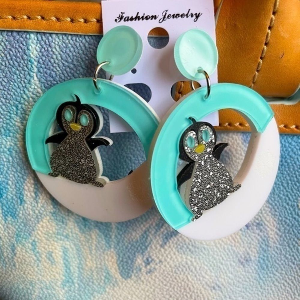 Penguin Christmas snow acrylic dangle statement earrings​